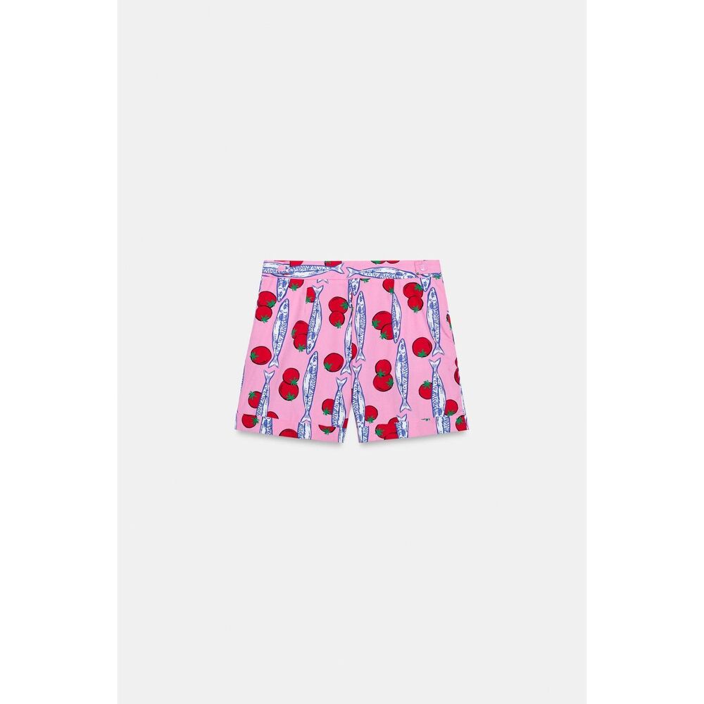 Zara Printed Pleated Tomato Graphic Shorts Pink Size XS NWT